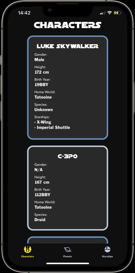 Characters screen