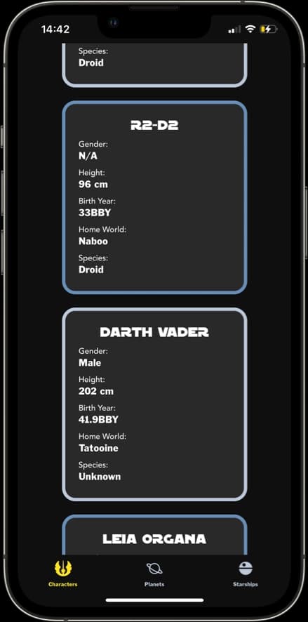 Characters screen