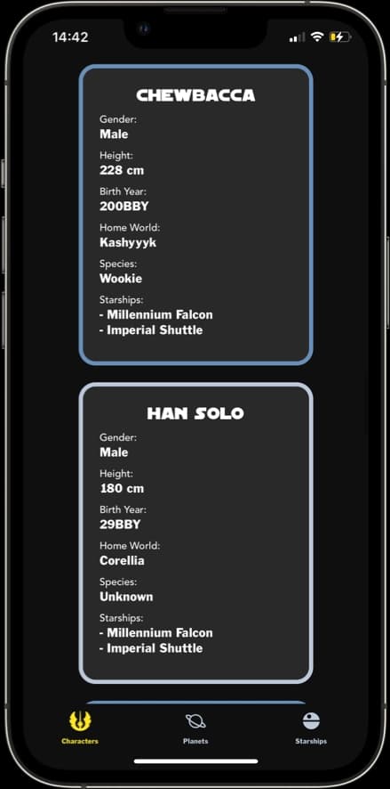 Characters screen